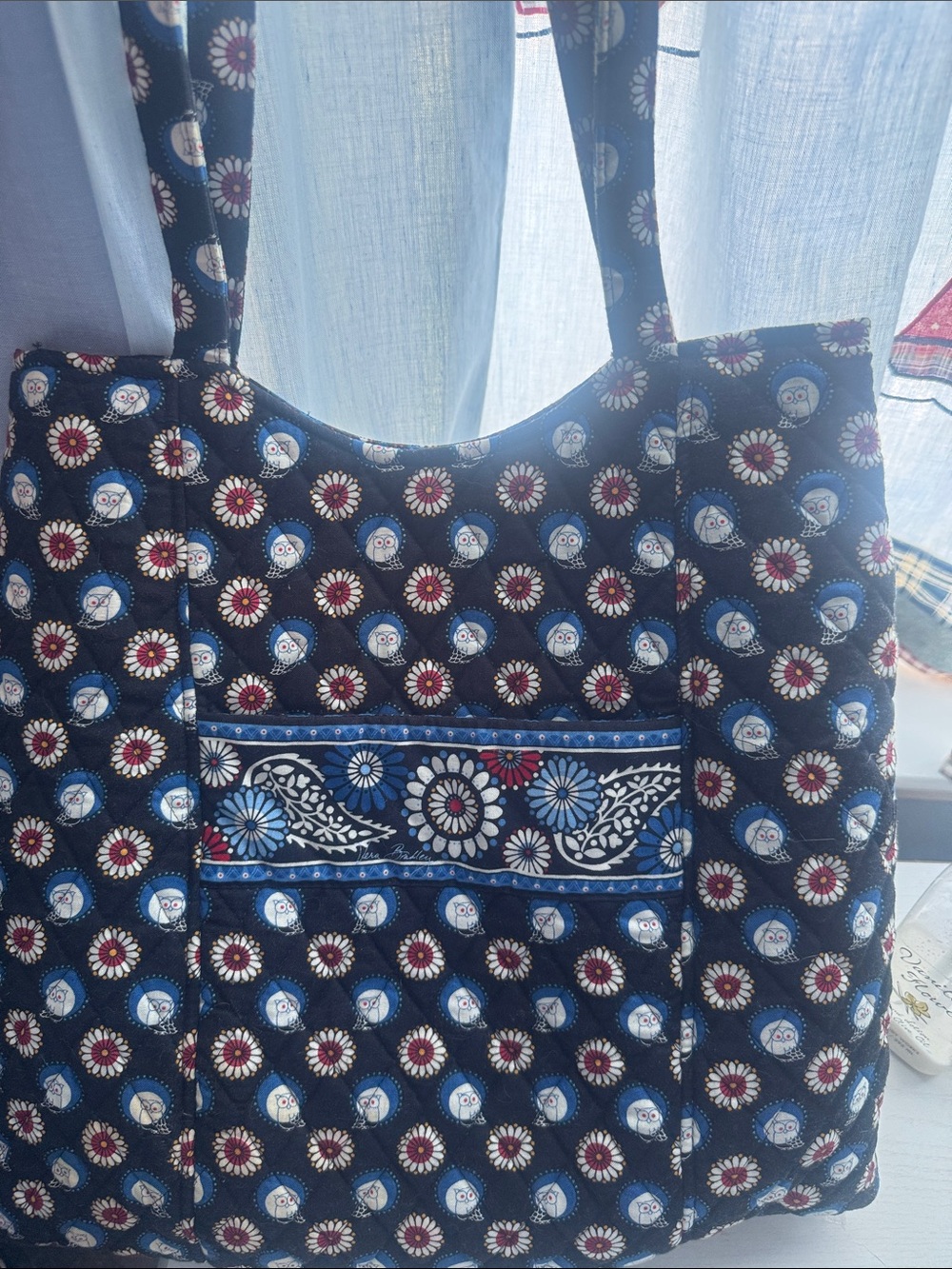 Blue Floral Patterned Tote Bag with Front Pocket